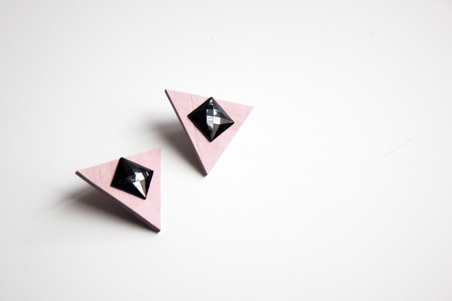 Blush Pink and Black Triangle Genuine Leather Post Earrings by Cre8tivesoul