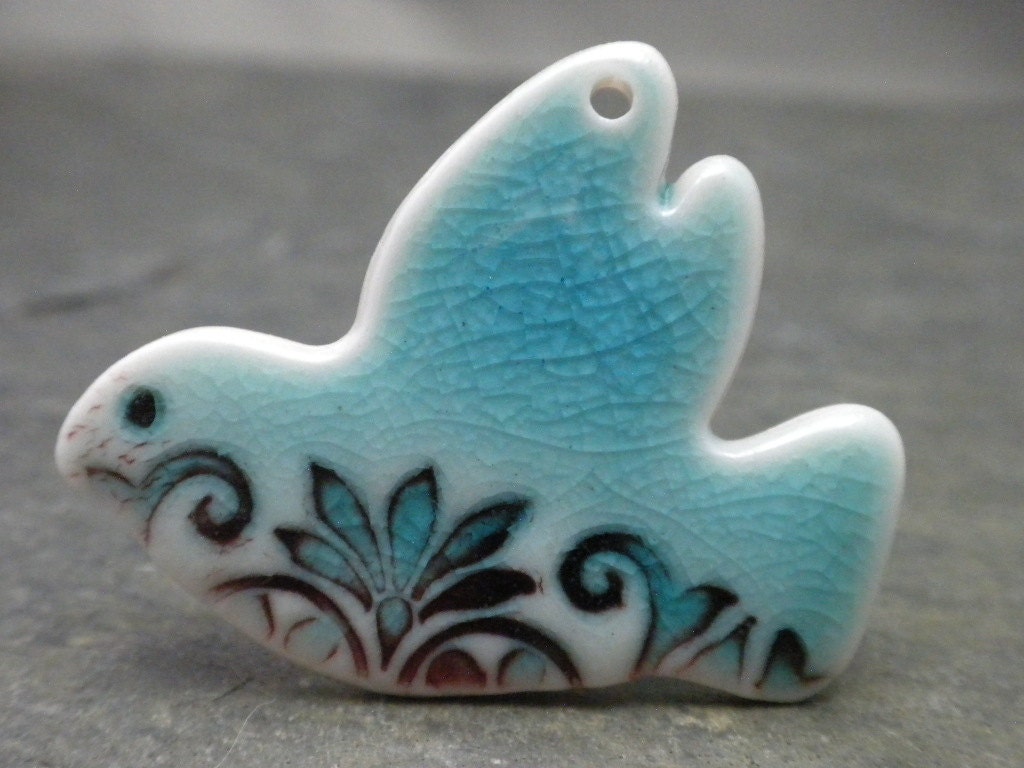 Bluebird- handmade porcelain ceramic aqua blue and red bird pendant 3226