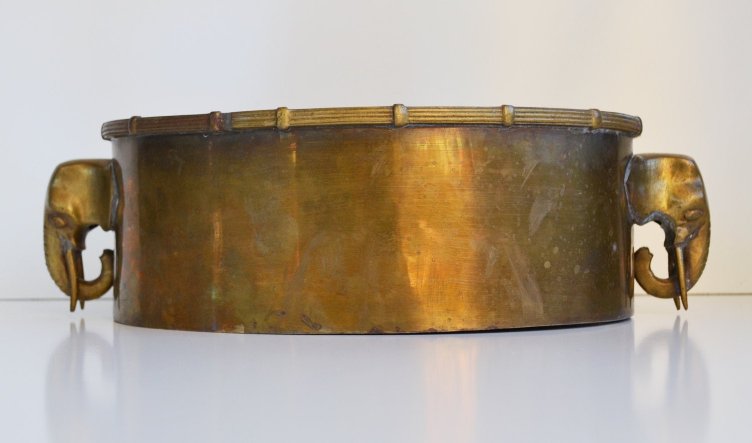 Vintage Rare Brass Planter with Elephant Handles and Faux Bamboo Trim Oval Brass Planter Home Decor