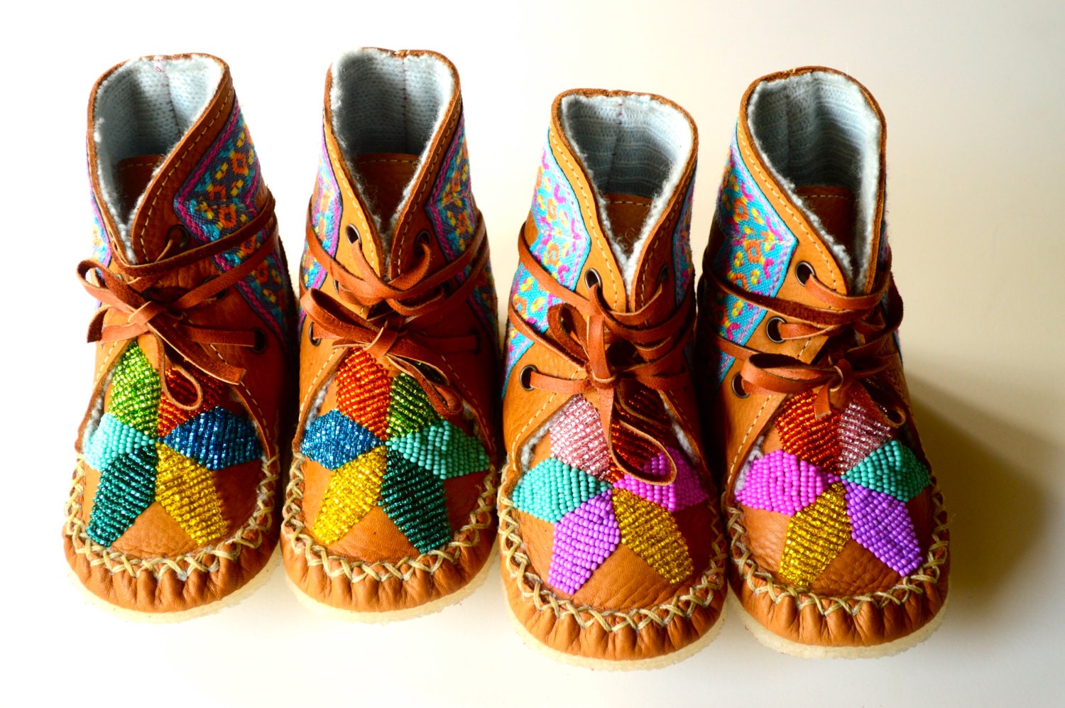 Baby and Toddler handmade for TWINS leather beaded wool-lined moccasin winter boots with wool insole and crepe rubber sole