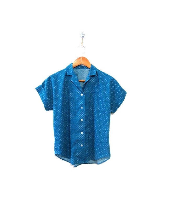 Vintage Teal Polka Dot Short Sleeve Blouse