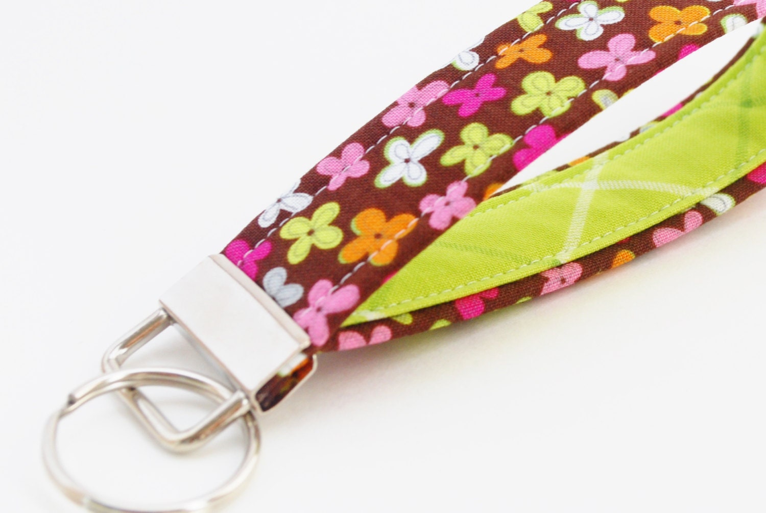 Flower Key Fob, Wristlet Fabric Key Chain, White, Lime, Hot Pink, and Brown