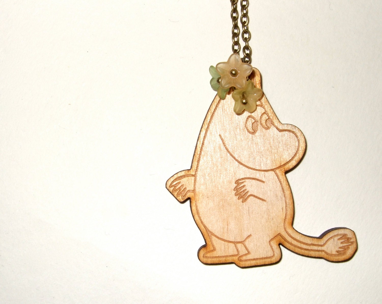 Moomin Necklace Wooden Moomintroll Pendant Wood Flower Quirky Jewelry
