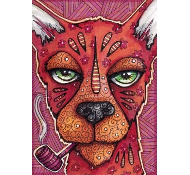 Original ACEO Red Dog with Pipe,
