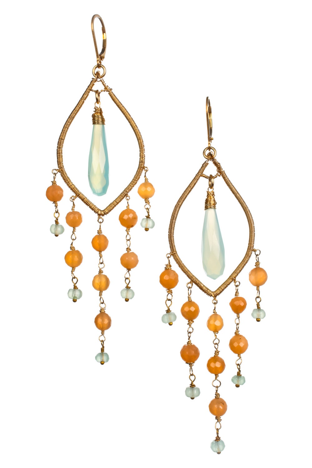 Brigitte Chandelier Earrings Spring 2013/// 14k Gold Fill Nectarine Moonstone and Dusk Blue Chalcedony