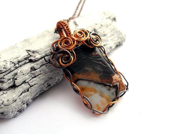 Dragon Agate Necklace - Copper Wire Wrapping - Orange and Black Necklace - Rectangle Dark Necklace - Braided Unique Jewelry