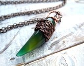 Green Talon Agate Pendant - Vampire Fang - Copper Wire Wrapped Necklace - Dangle Tribal - Braided Celtic Woodland - Forest Green Jewelry - NurrgulaJewellery