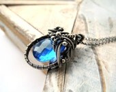 Cobalt Quartz Necklace- Wire Wrapping Silver- Monaco Blue Denim Navy- Romantic Ultramarine Necklace for Her