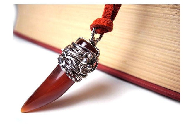 Red Talon Agate Pendant - Vampire Fang - Silver Wire Wrapped Necklace - Dangle Tribal - Braided Celtic Woodland - Carmine Coral Jewelry