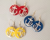 Silver anchor hoop earrings in navy, yellow or red