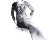 Watercolor painting - Coco Chanel - Black and white 9x12 Print