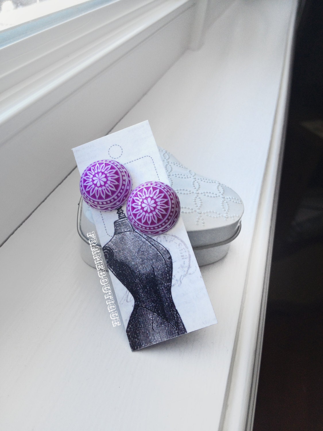 Upcycled Vintage Purple Cabochon Earrings, Oversized Mosaic Tribal Patterned Earring Studs
