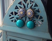 Geometric Cabochon Earrings, Blue Gray Turquoise Filigree