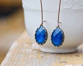 Azure Blue Drop Earrings, Brass Filigree, Red Copper Kidney Wire Rhinestone Cabochon Drops