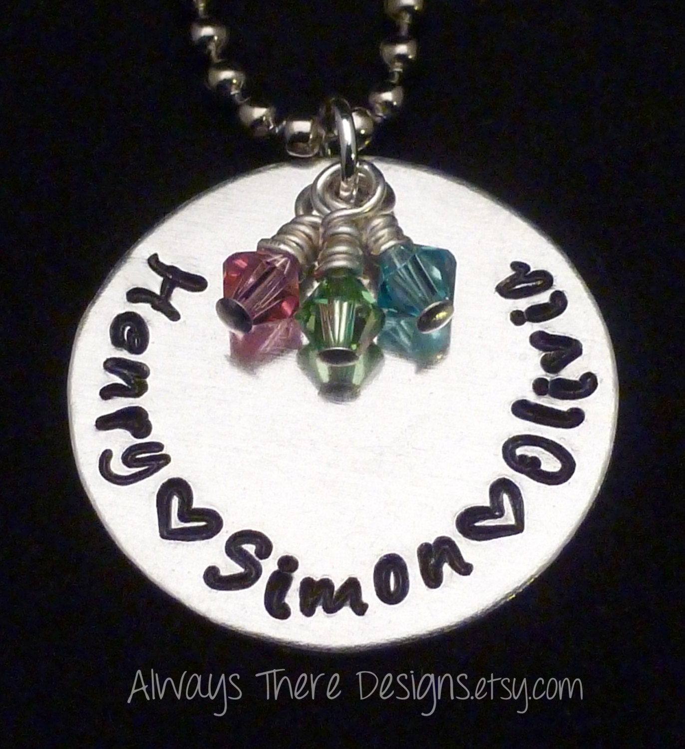Personalized Hand Stamped Names Necklace with Hearts and Swarovski Crystal Birthstones - family kids children Mother's Mommy Jewelry