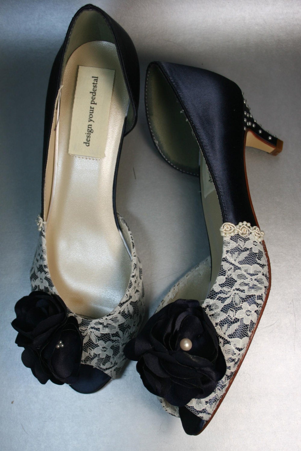 Wedding Shoes -- Navy Blue Peeptoes with Ivory Lace Overlay, Navy Flowers and Ivory Pearls on Heel