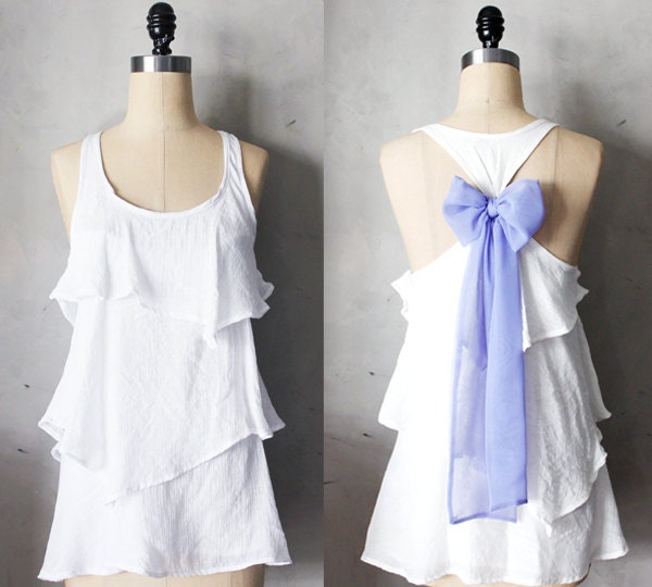 LILAC AURA - Romantic ivory white flowy tier blouse // pastel lavender purple // chiffon sash bow // tunic // tank top // racerback