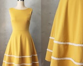 COQUETTE in MUSTARD - Muted yellow dress with pockets // flared circle skirt // ivory crochet // bridesmaid dress // vintage inspired