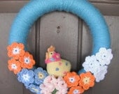 Spring Chicken Wreath - Yarn Wrapped Wreath in Blue with Crochet Floral Accents - Nursery Decor - Ready to Ship - OOAK