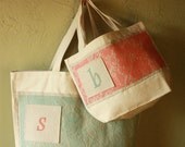 Personalized Custom teal/coral "Lace Band" Canvas Little Flower Girl Tote Bag - Makes a Great Wedding Shower/Bridesmaid/Teacher Gift