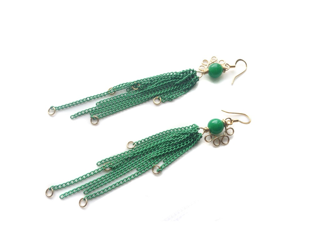 Jade Green Dragon Earrings , scallop fan long tentacle gold dangle