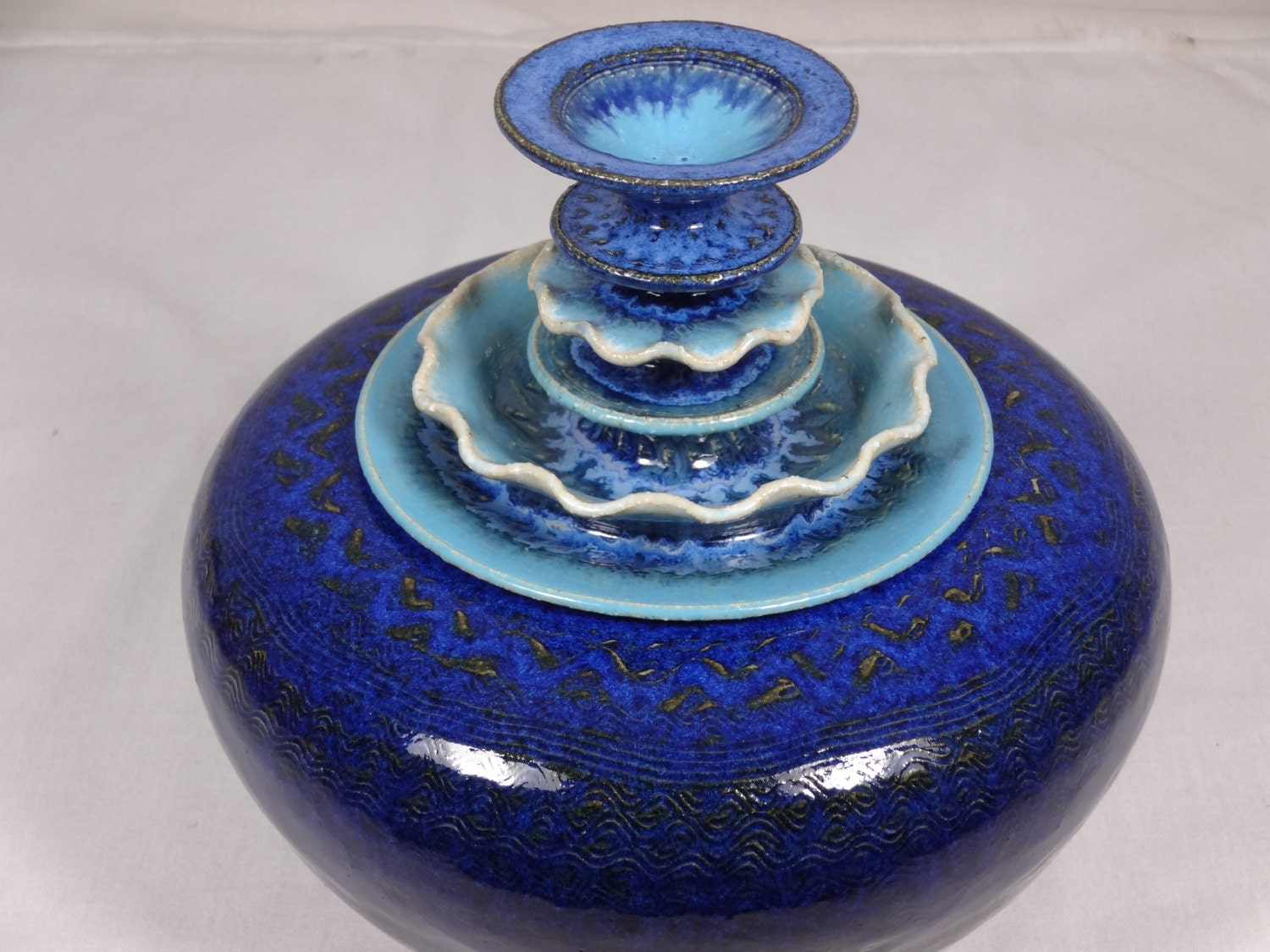 RESERVED Listing for Ibu Kole Ocean Jar ceramic with 6 tier lid. 7" tall x 8" wide. Stoneware.