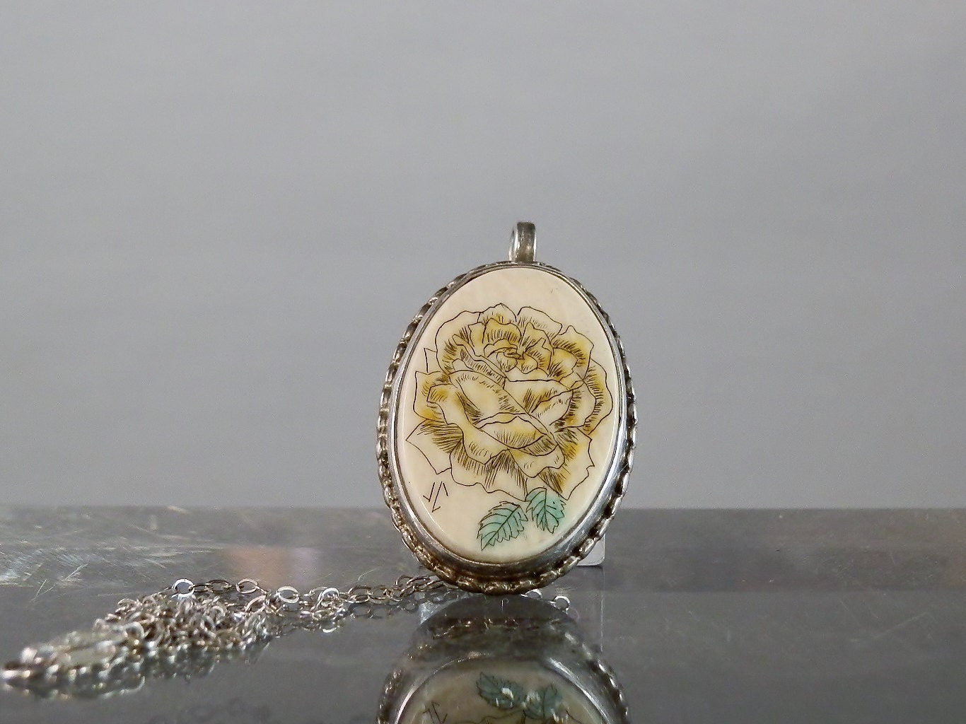 Vintage Signed Scrimshaw Sterling Silver and Ivory Pendant Necklace.