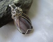 Botswana Agate Wire Wrapped in Sterling Silver Antiqued and Polished Handmade Stone Pendant Jewelry