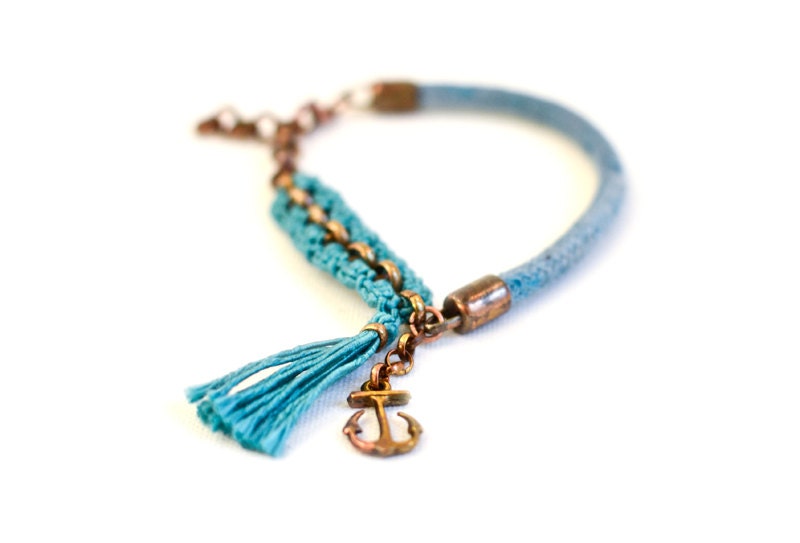 Anchor Charm Bracelet, Rope Bracelet, Dip Dyed Teal and Emerald Crochet Details, Oxidised Brass Copper Chain