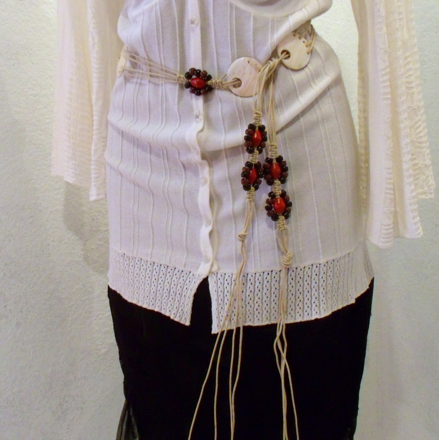 Hippie Shell Leather Tie Belt Mother of Pearl Colored Stones One Size Fits Most