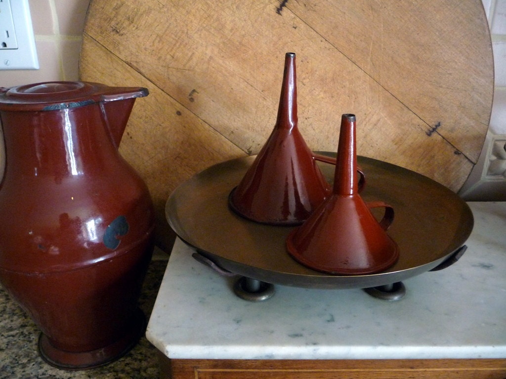 Vintage Enamel Funnel Pair French Red Cottage Chic 1950s Rustic Kitchen