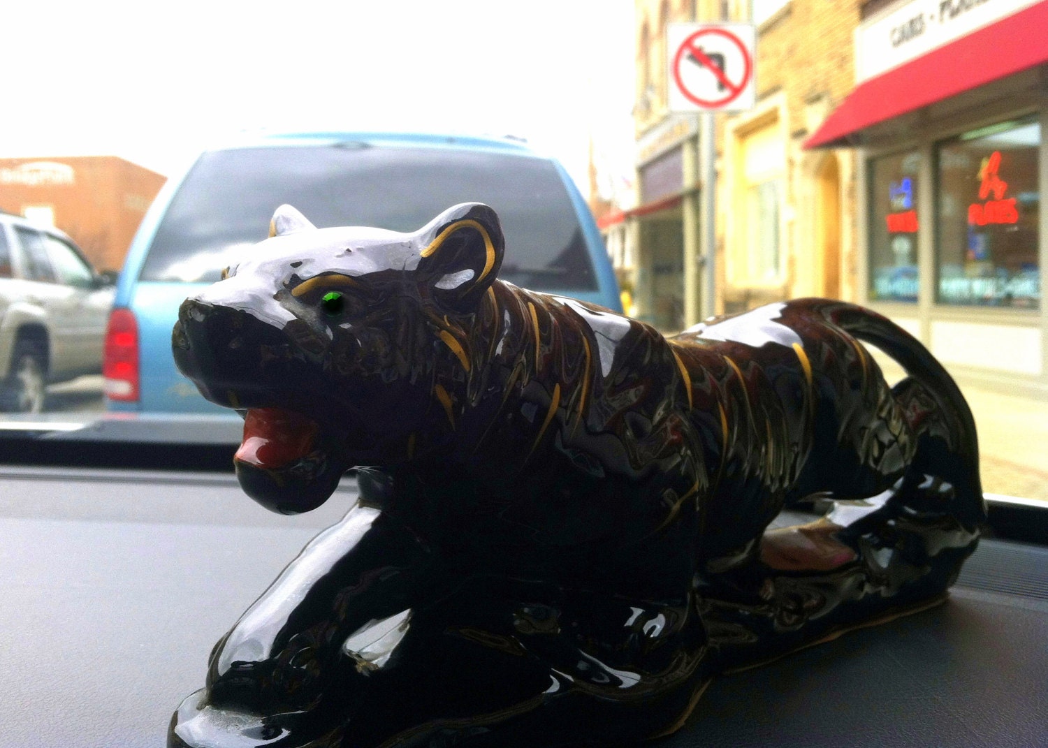 RETRO TIGER STATUE 1950s Home Decor Vintage 50s Japan Redware Big Cat Ceramic Jungle Animal Emerald Green Eyes Black Metallic Gold