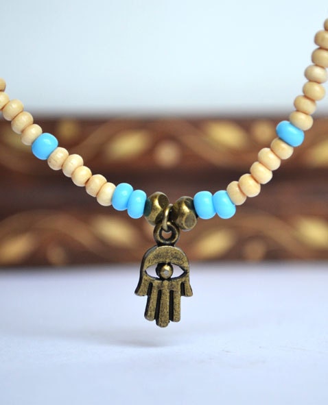 Hamsa Hand Necklace, Yoga Wood and Turquoise Seed Beads, Wooden Yoga Inspired Hamsa Necklace