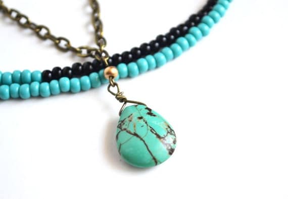 Turquoise Multi Strand Bead Necklace, Turquoise Summer Beach Necklace, Tribal Blue Stone Necklace, Blue and Black Seed Beads