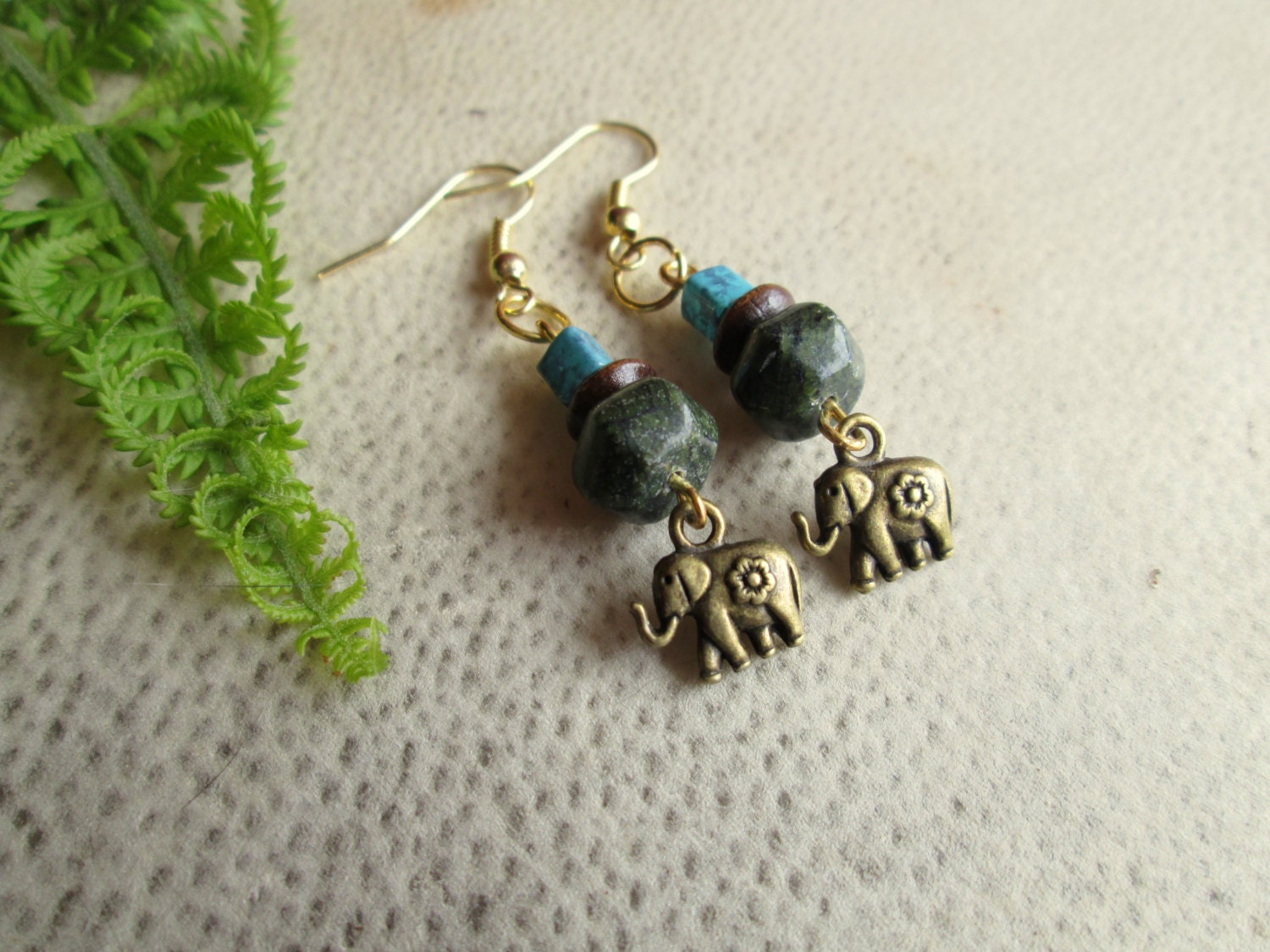 Bohemian Elephant Earrings. Green Lace Agate, Turquoise, Brown Wooden Beads, Antiqued Gold Charms.