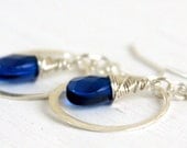 Handcrafted sterling silver hoops, wire wrapped blue quartz, sterling silver ear wires