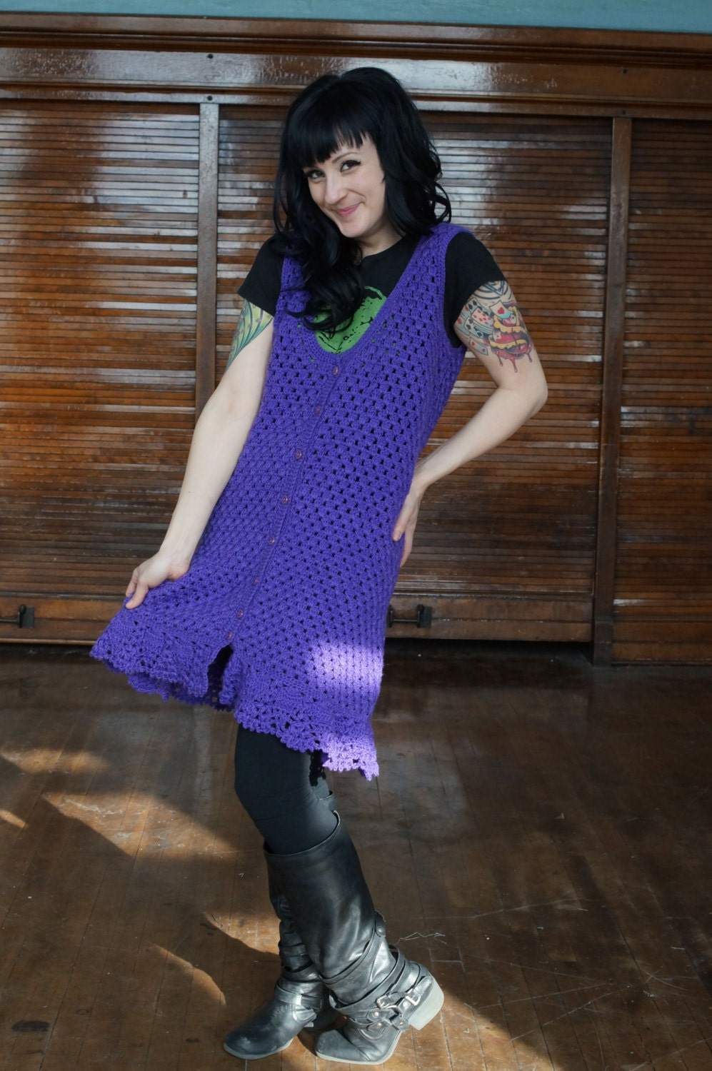 Vtg 70s Purple Crochet Knit Sweater Dress