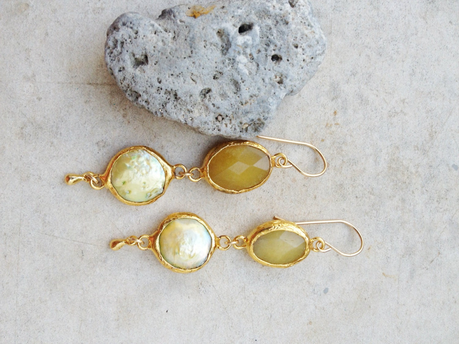 spring pastel drop fresh water pearl lemon sunshine yellow stone- Long Earrings  Gold bridal Earrings - Gemstone Earrings -  israel jewelry
