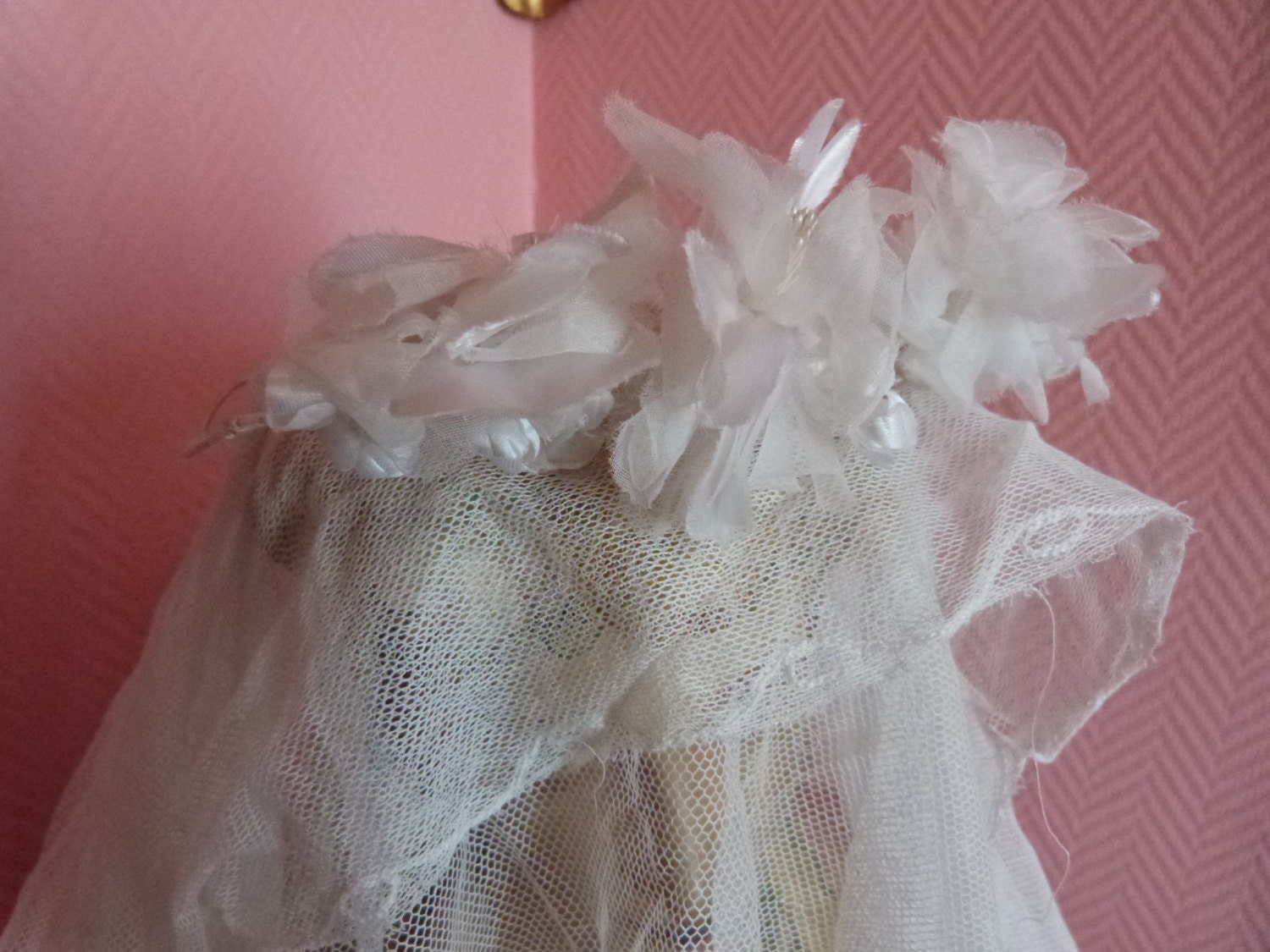 Antique French bridal flower tiara headband hairpiece wreath, Victorian wedding bride, 1900s bridal hair accessories, romantic tulle crown