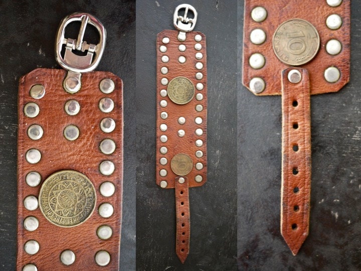 Vintage Moroccan Coin Leather Cuff Bracelet