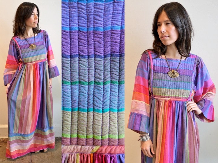 Vintage 80s Indian Rainbow Stripe Cotton Dress