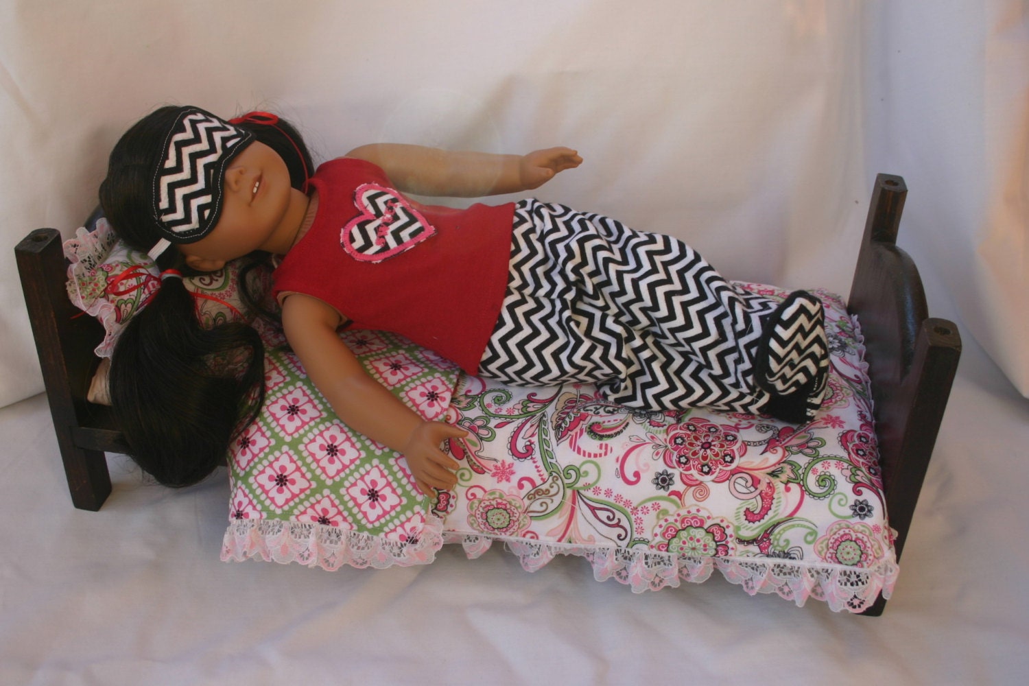 Sale!Sweat Heart collection pj's to fit 18 inch american girl or similar doll, tank top, pants, slippers, and eyemask