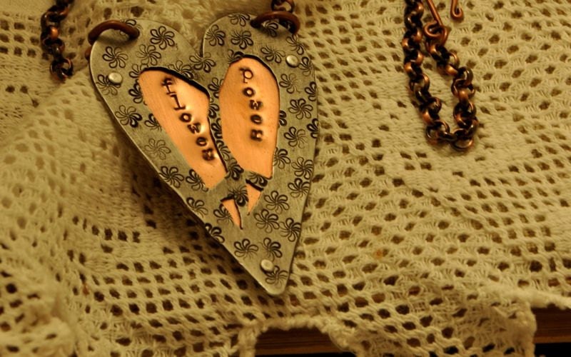 Peace Sign Necklace, Heart, Flower Power, Copper, Aluminum, N32