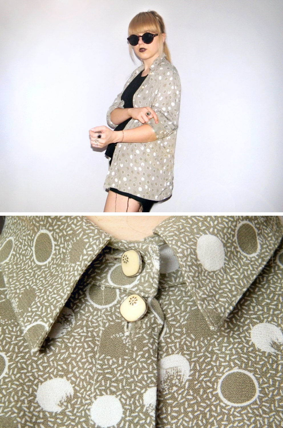 Vintage Grunge Shirt - 90s Preppy Circle Polka Dot Print Blouse Mint Green White Pastel Grunge Print Button Up Long Sleeve Shirt