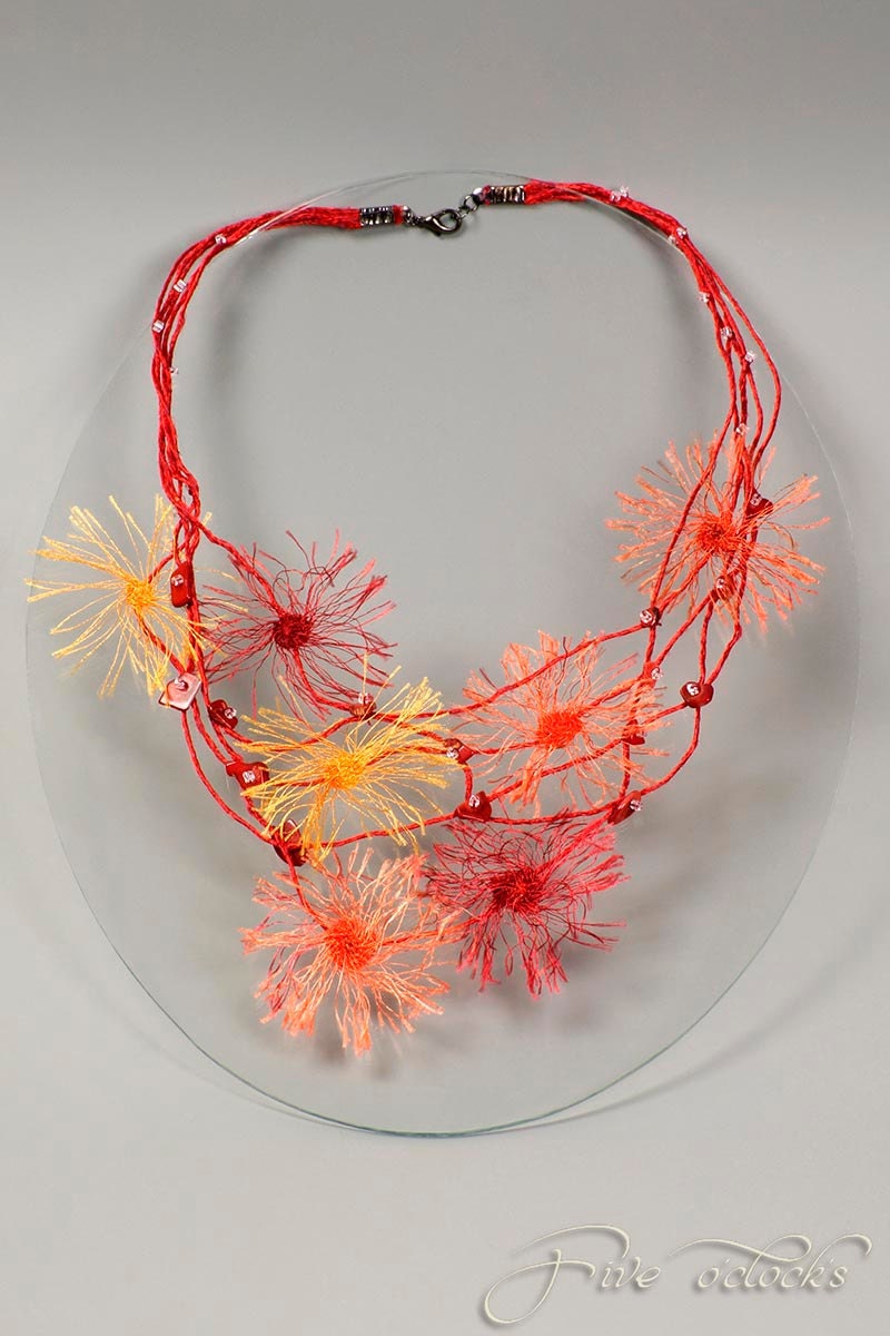 Statement floral fine art necklace. Spring wedding bijoux with bright red flowers. Fiber wearable art necklace.