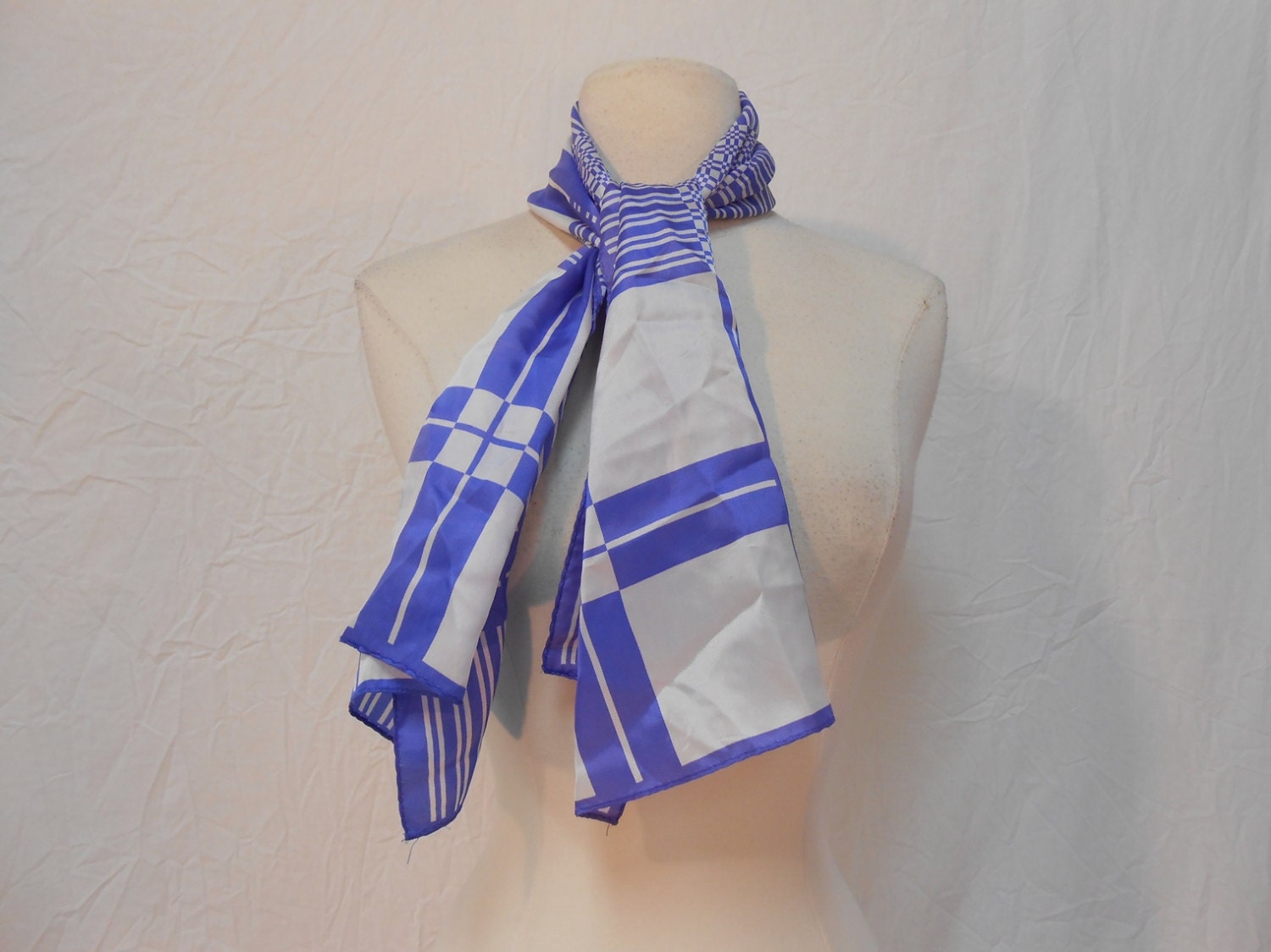 Sheer Vintage Scarf / Iris Blue & Seashell White / Geometric Plaid and Checkered Pattern / Long Scarf / 43" X 12"