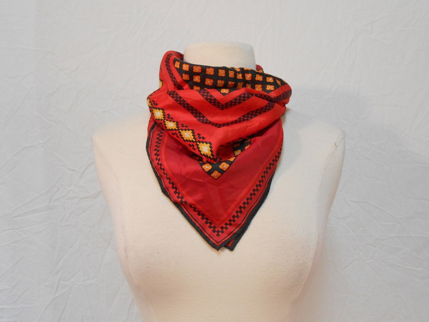 Red Black and Yellow Geometric Pattern Rayon & Silk Square Scarf / 20" X 20"