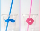 24 Gender Reveal Disposable Party Cups, Lids & Plastic Straws - Blue Mustache - Pink Lips - Gender Reveal Party - 12 oz or 16 oz Il_170x135