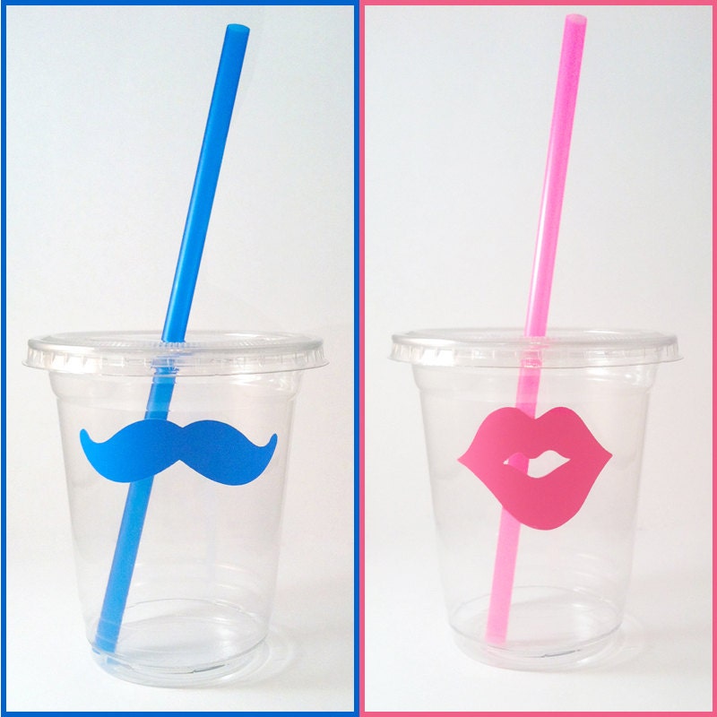 24 Gender Reveal Disposable Party Cups, Lids & Plastic Straws - Blue Mustache - Pink Lips - Gender Reveal Party - 12 oz or 16 oz Il_570xn