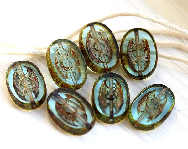 Czech oval beads Teal green Picasso, flat, 3 dot, chunky, table cut - 14x10mm - 10Pc - 541